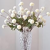 Pompon Mum Artificial Flower, 5pcs Faux Silk Mini Chrysanth with Stems, BSimulation of 5 Autumn Ball Chrysanthemum Dandelion Fake Flowers Wedding Home DIY Decoration (White)