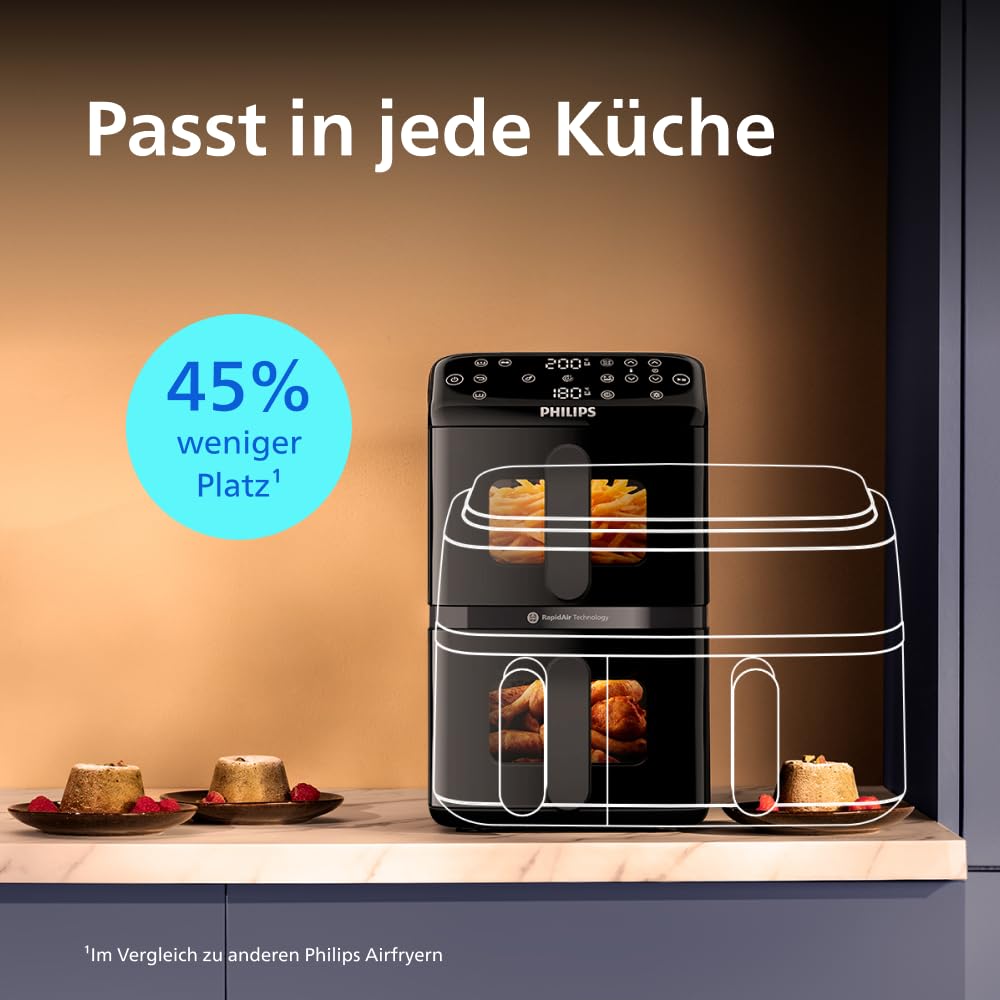 Philips Airfryer 4000 Series Stacked Dual Basket, Gestapelte Heißluftfritteuse 2 Kammern, 10L, RapidAir Technologie, 45% weniger Platzbedarf, PFAS-freie Keramikbeschichtung, Sichtfenster (NA460/00) 5