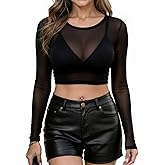 Mesh Black Crop Tops Crew Neck for Women Long Sleeve Workout top Fitted Sheer Cropped Shirts Going Out Outfits See Through