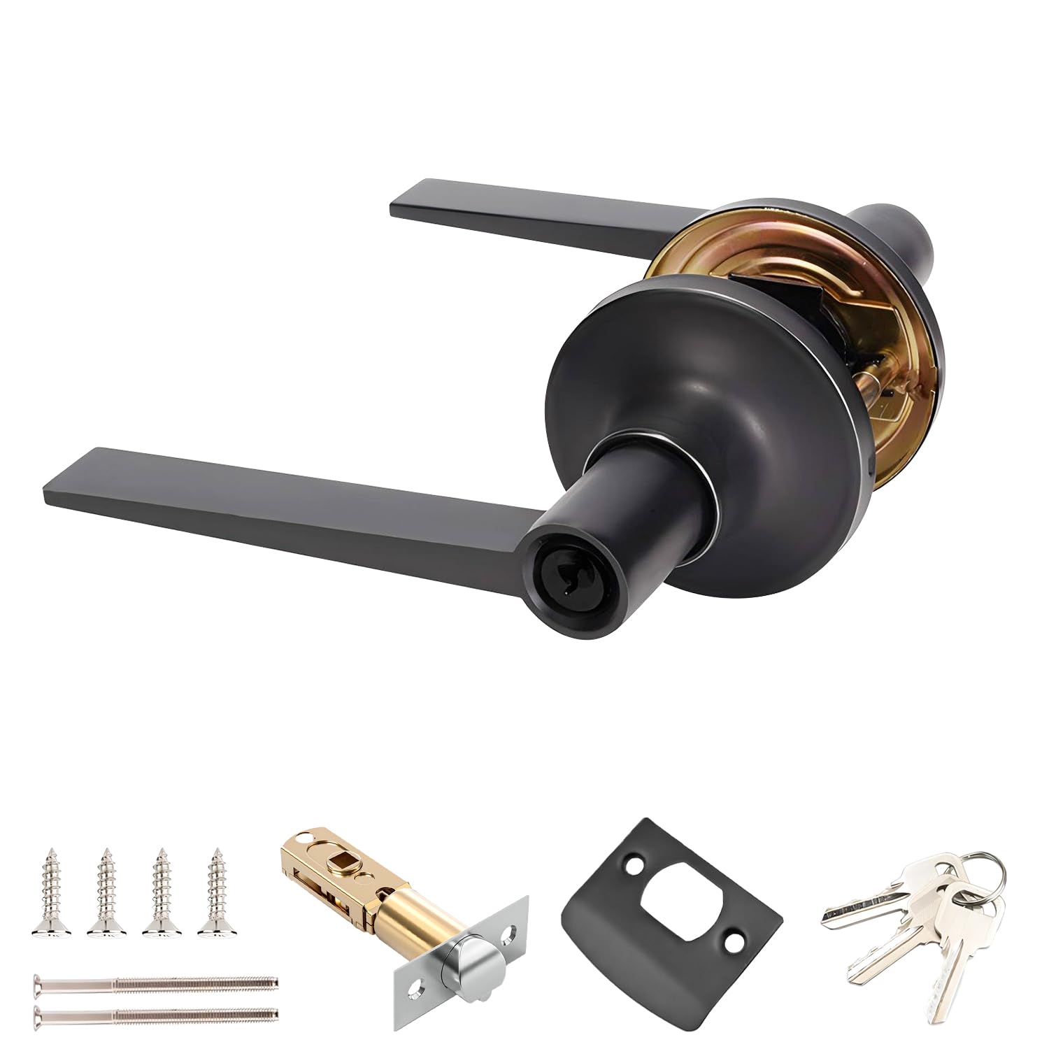 Qrity 1 Pack Door Handle Lever Lock Set, Entrance Door Handles with Key, Lever Door Handle Lock, Latch Size 60/70mm, Safe Lockset for Home & Office, Black