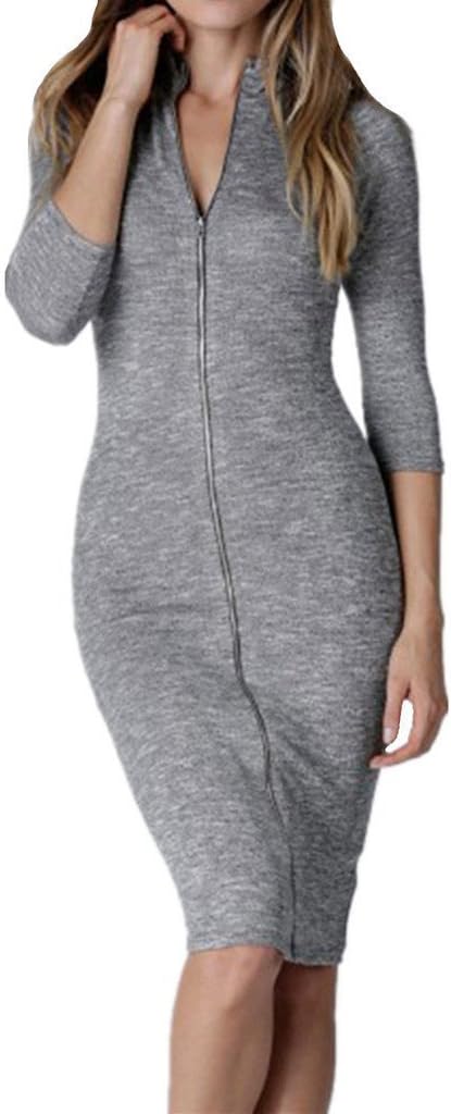 FANOVI Sexy Women's Evening Party Club Zipper Front Bandage Bodycon Slim Dress