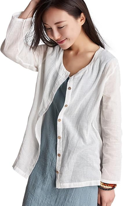 Amazon アイセレクト I Select さらさら シンプル 麻 カーディガン レディース リネン ラウンドネック シャツ ブラウス オシャレ 羽織もの プチプラ アイボリー カーディガン ボレロ 通販