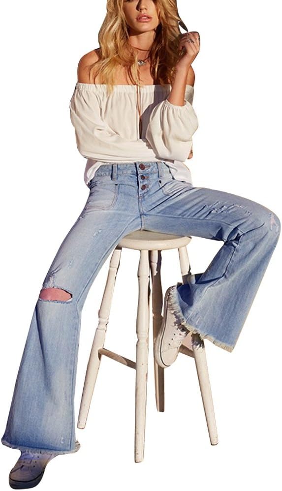 DORA BRIDAL Women's Low Waist Bell Bottom Stretch Jeans Flared Jean Denim Wide Leg Full Length Skinny Pants
