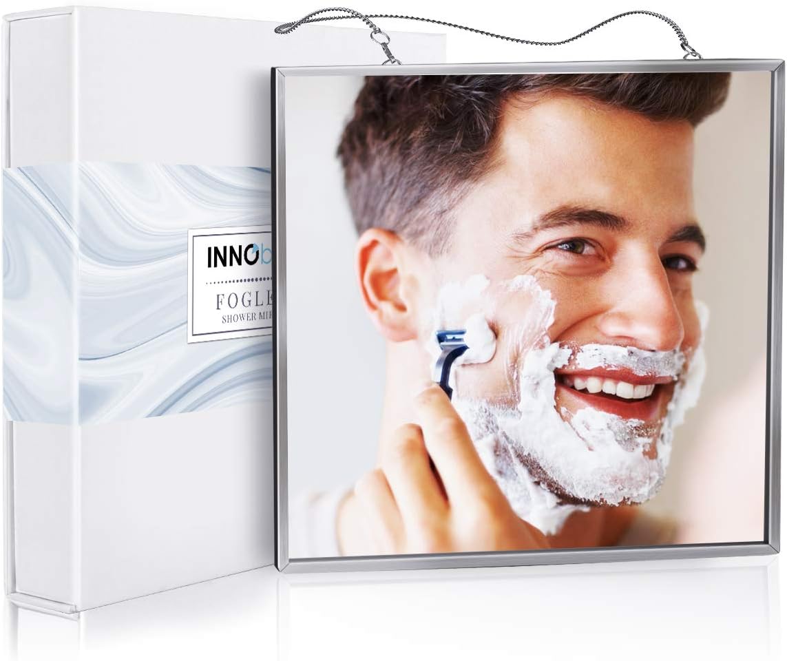 InnoBeta Fogless Shower Mirror for Shaving & Facial Cleansing, Anti-Fog Shower Mirror with Larger Size (6.7” x 6.7”), Easy to Use, Shatterproof Glass, Stainless Steel Frame, 2 Chains Included: Kitchen & Dining