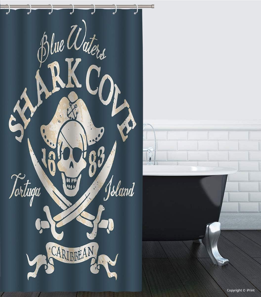 №04460 36X72 Shower Curtain Set Bathroom Fabric Fall Curtains/ Pirate,Shark Cove Tortuga Island Caribbean Waters Retro Jolly Roger,Slate Blue White Mustard/ Waterproof Colorful Funny,36X72 Inch