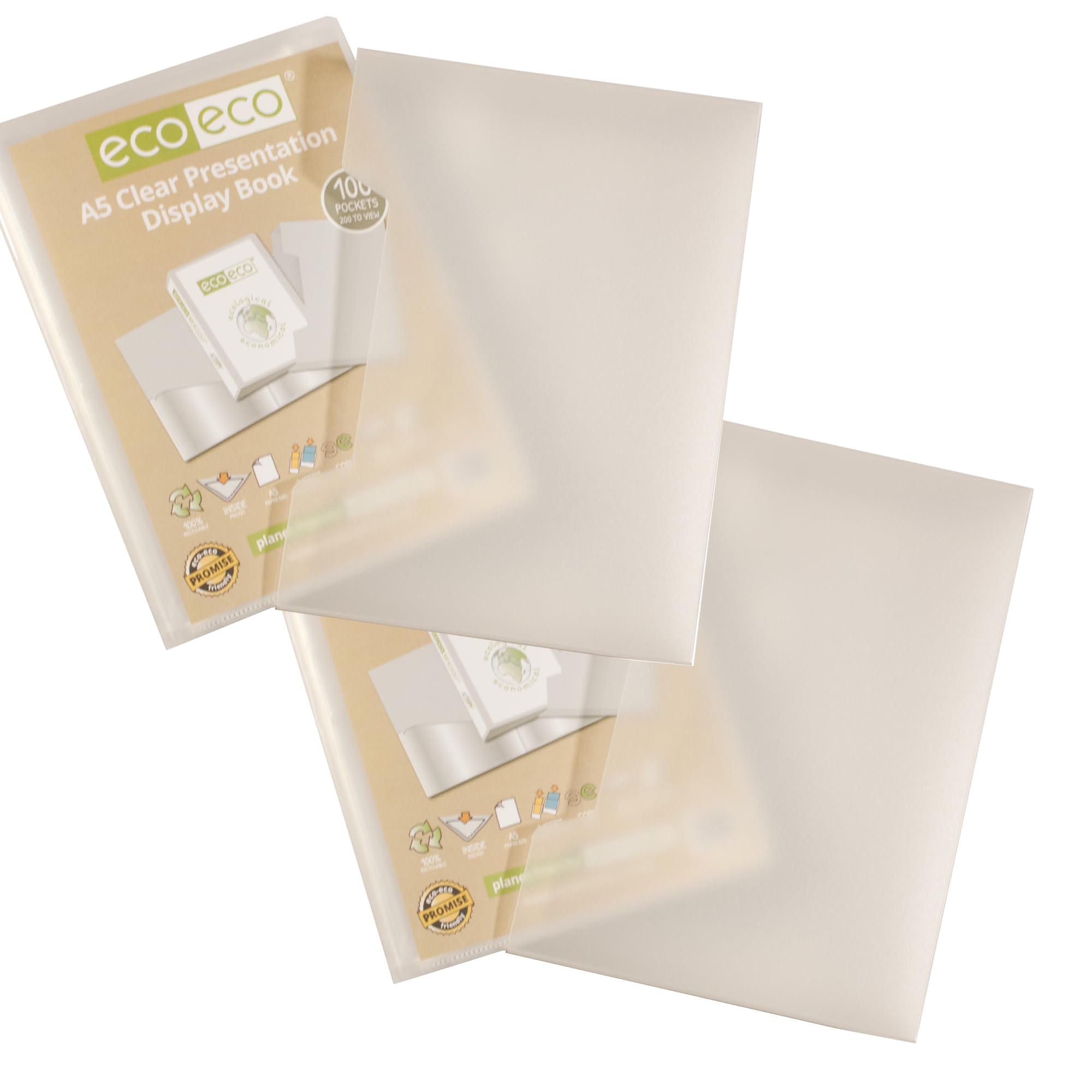 eco-eco A5 Size 50% Recycled 100 Pocket Clear Presentation Display Book, Storage Case Portfolio Art Folder with Plastic Sleeves with Clear Display Box, Pack of 2 eco150x2
