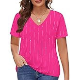RITERA Plus Size Sparkle Sequin Tops for Women Shimmer Glitter V Neck Blouse Short Sleeve Shiny Fashion Party T-Shirts XL-5XL