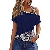 Womens Summer Trendy Cold Shoulder Short Sleeve T Shirts Criss Cross Casual Loose Tunic Shirts Tops Blouses