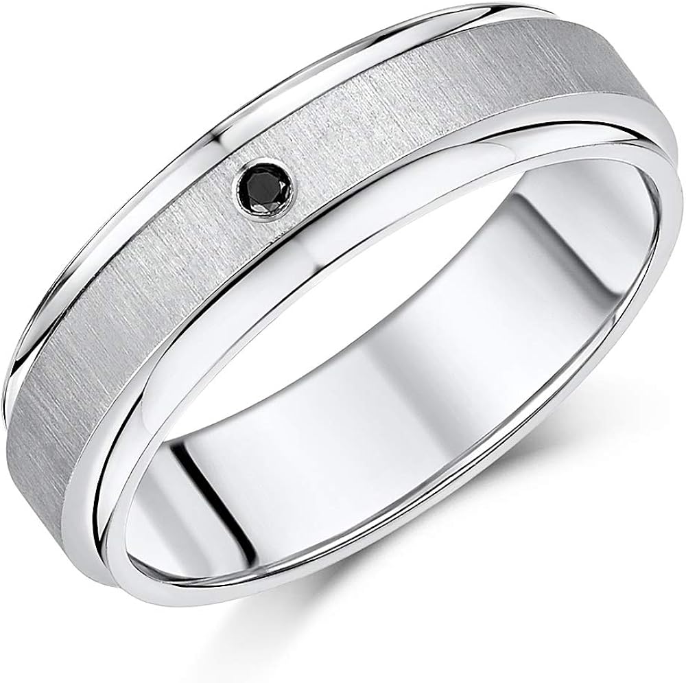 7mm Men's Black Diamond Ring Titanium Satin Look Centre & Polished