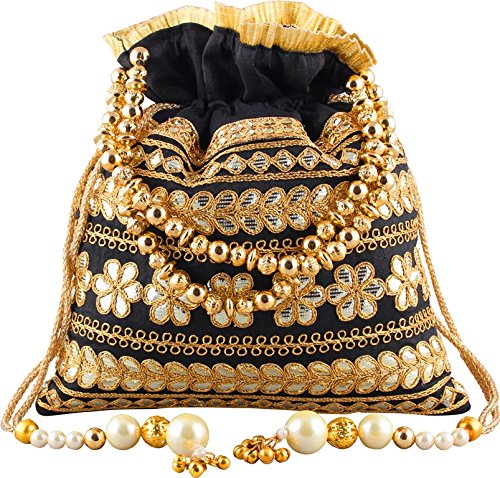 bombay haat women's silk black rajasthani gota potli bag