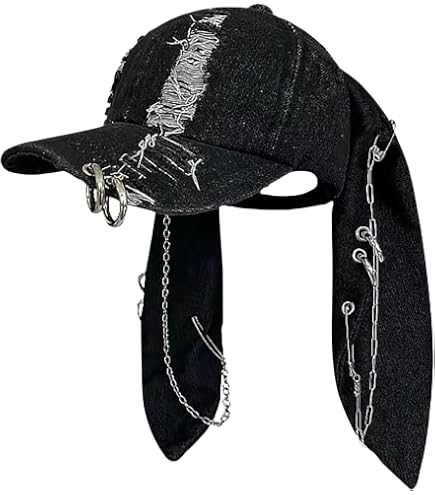 THESSNCE Y2k Hat Punk Hats Denim Bunny Hat Chains Distressed