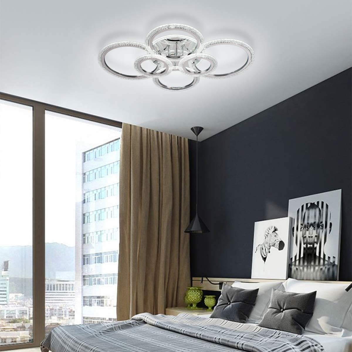 Garwarm LED Ceiling Lamp 76W Modern Close to Ceiling Light Dimmable 6 Rings Ceiling Chandelier for Living Room Bedroom, Chrome - - 