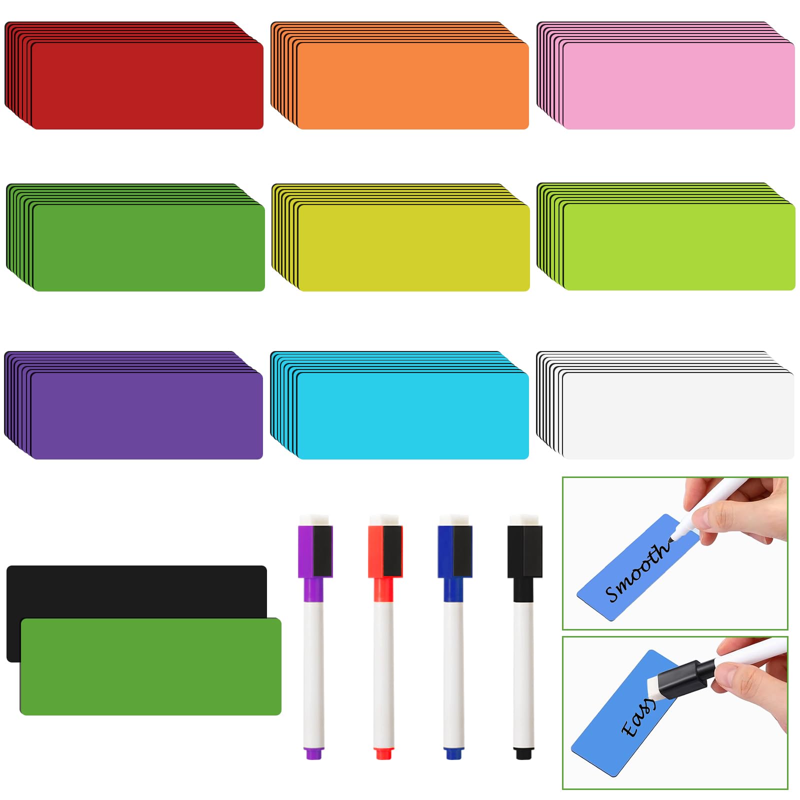 Photo 1 of Dry Erase Magnetic Labels,72 Pieces 1.57x3.54 Magnetic Whiteboard Labels with 4 Pens,Waterproof Reusable Strips for Classroom Home Office Shop Blank Writable Erasable Cards