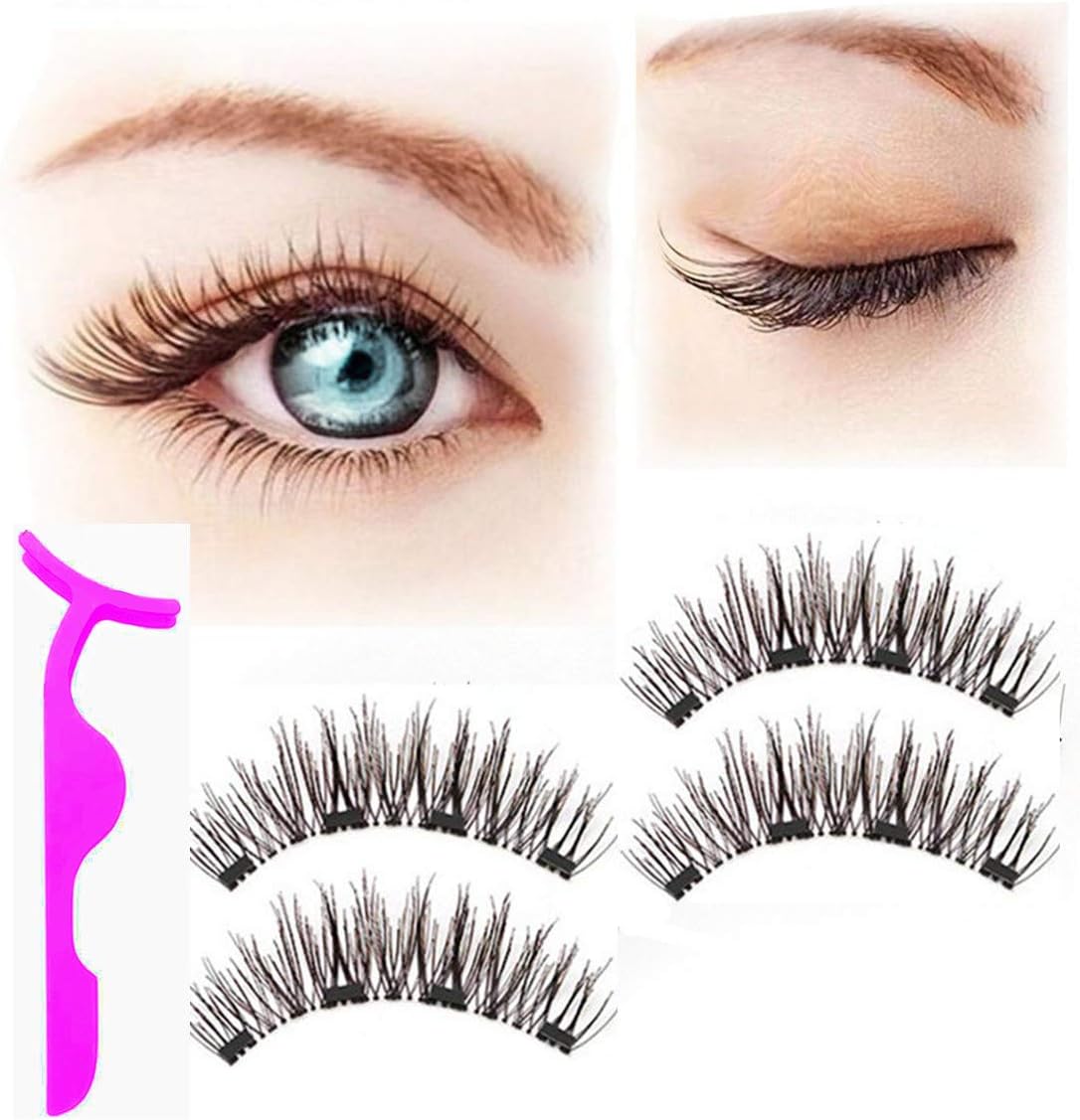 FlyEye Magnetic Eyelashes, 4 Magnets NO GLUE 3D Reusable Full Size Fake Magnet Eyelashes With Tweezers, 0.2mm Ultra Thin Easy to Wear False Lashes Full Strip for Natural Look & Charming Eyes