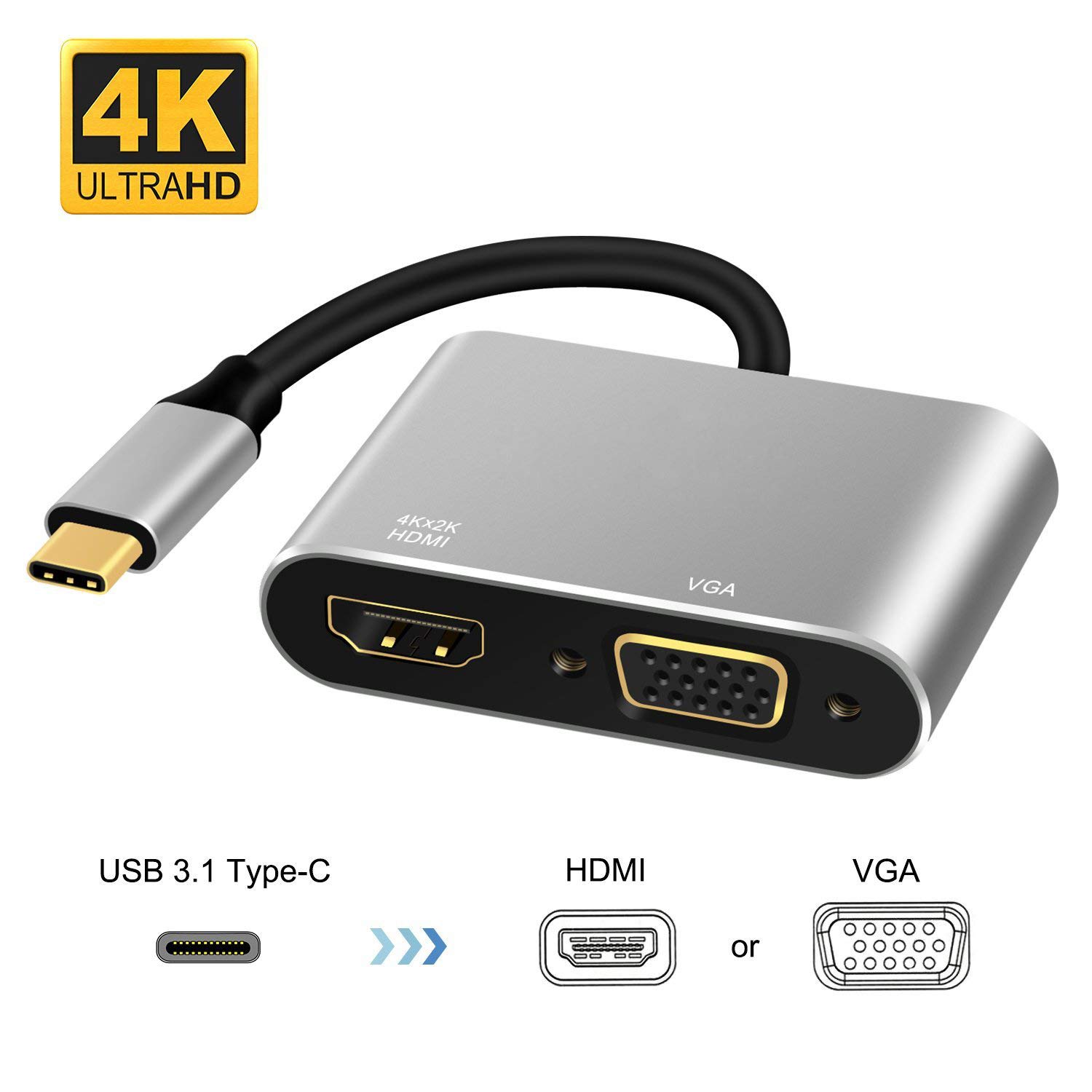 WU-MINGLU USB C HDMI Adapter, Typ C zu HDMI VGA Thunderbolt 3 Konverter Ultra HD 4K Dual Display Multiports USB 3.1 für 2017/2016 MacBook/MacBook Pro/Samsung Galaxy S8 S8 +/Dell XPS/Lenovo 900/Acer