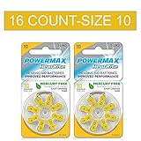 Powermax Size 10 Hearing Aid Batteries, Yellow Tab, Zinc Air Mercury-Free, HearRite, 16 Count