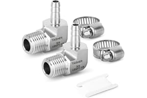 TAISHER 1PCS 304 Stainless Steel 90 Degree Elbow Hose Barb Fittings 1/8" Barb x 1/8" NPT Male for Fuel/AIR/Lquid/Gas with 1PCS Hose Clamp