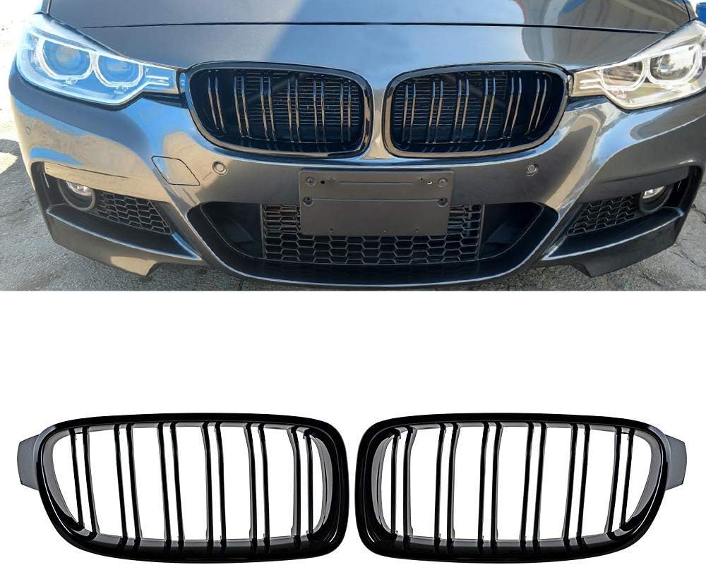 Ricoy Gloss Black Grill Compatible with BMW F30 F31 2012 2013 2014 2015 2016 2017 2018 3 Series xDrive Double Slat Front Kidney Bumper Grille Grill
