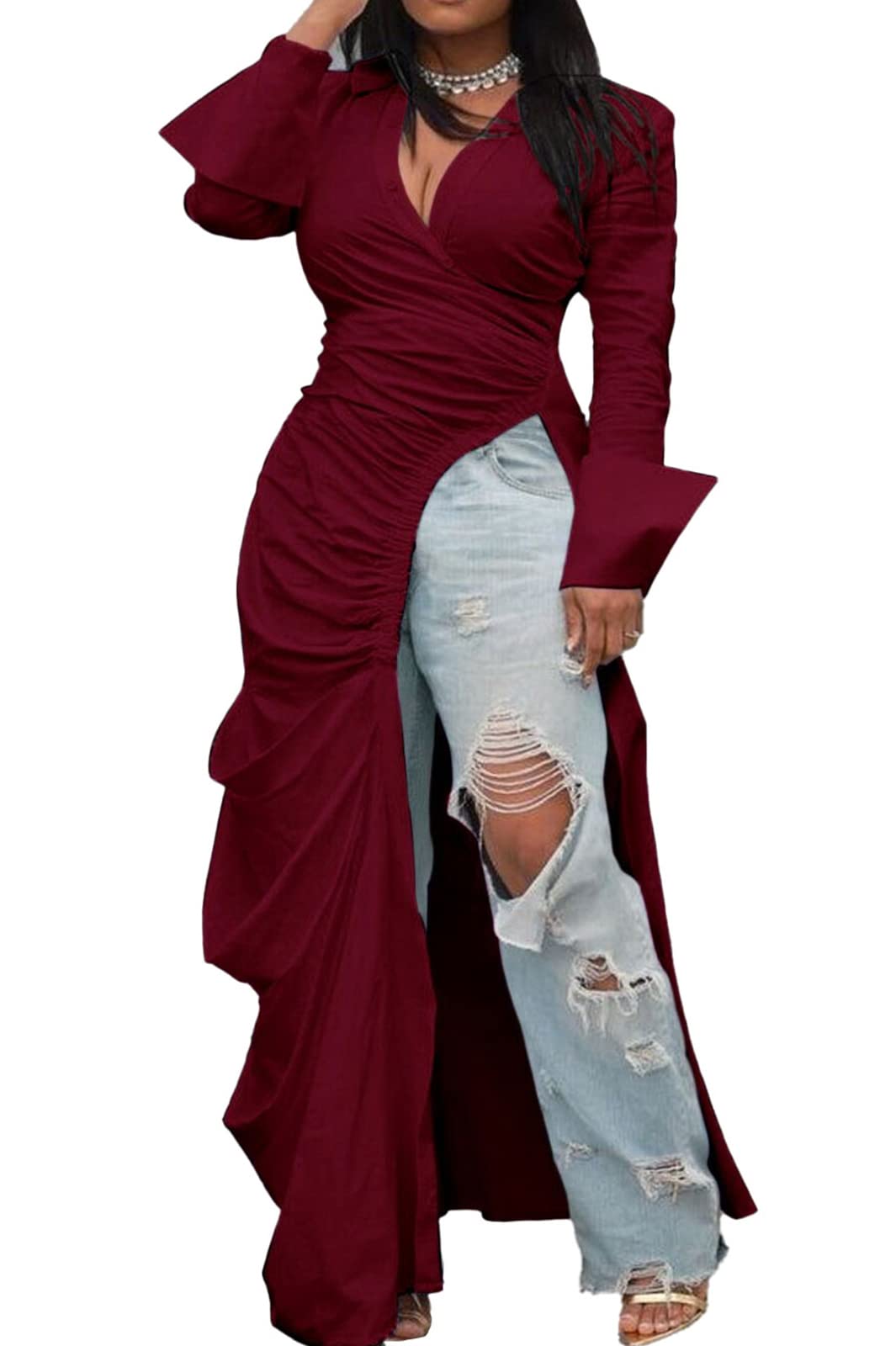 Photo 1 of Women's Deep V Neck Ruched Long Sleeve Side Split High Low Irregular Hem Top Tunic Blouse Long Shirt Dress XX-Large Wine Red