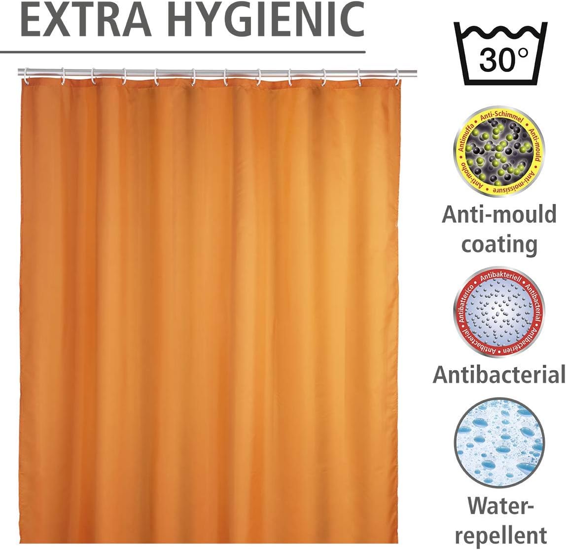 Wenko 20039100 Antimould Shower Curtain singlecolour Orange Antibacterial, Washable, Plastic Polyester, Orange - Image 4