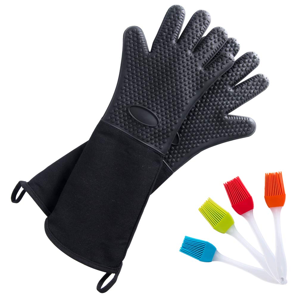 Florica Silicone Extra Long Professional Oven Mitts, 1 Pair Heat Resistant Oven Gloves with 1 Basting Brush - Non Slip Heavy Duty Cooking Gloves, Kitchen Oven Gloves for BBQ Grilling Baking Black