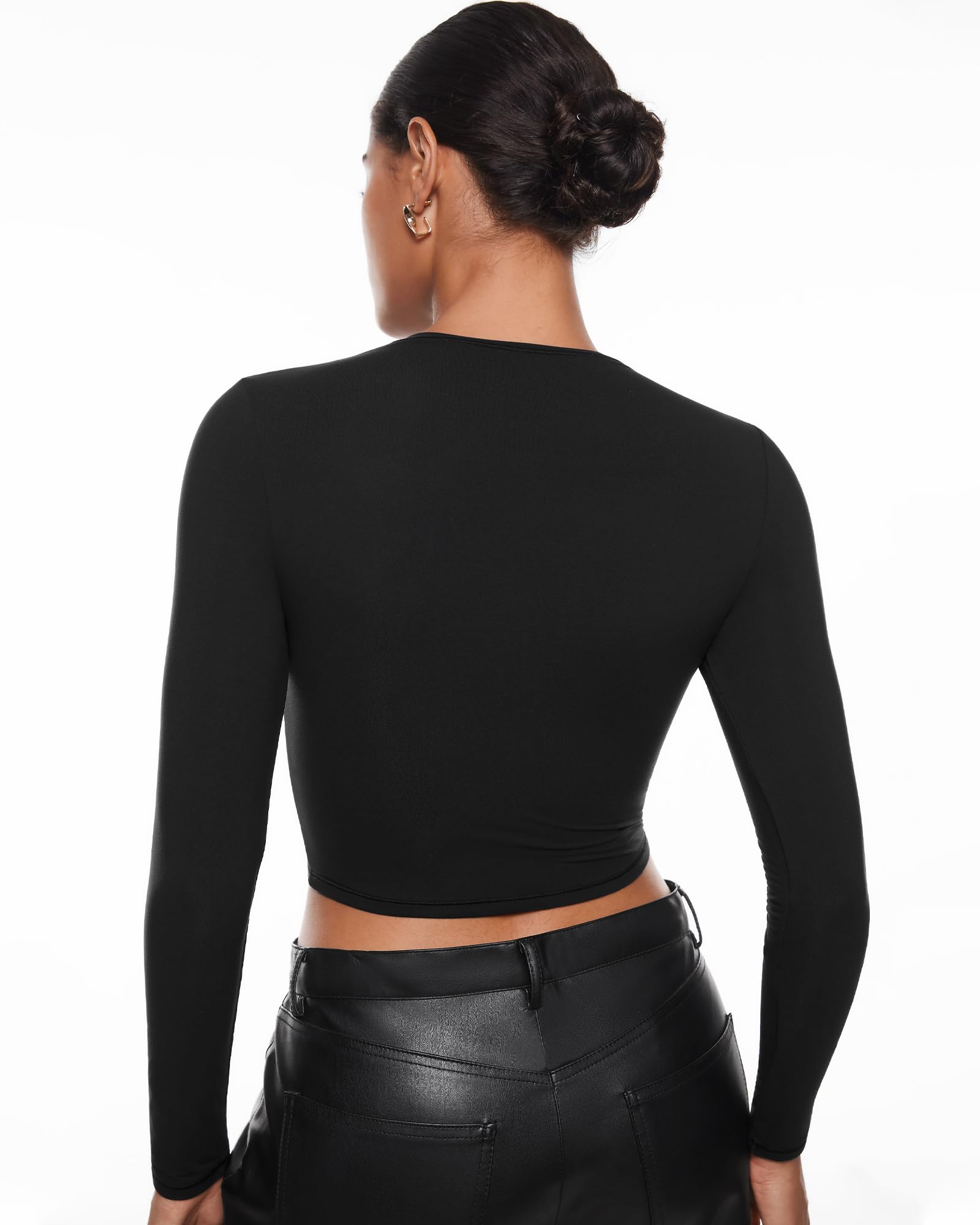 INLYRIC Women's Inbarely Soft Long Sleeve Tops Crew Neck Slim Fit Double Lined Basic Casual Going Out Y2K Tees Shirts Black XX-Small