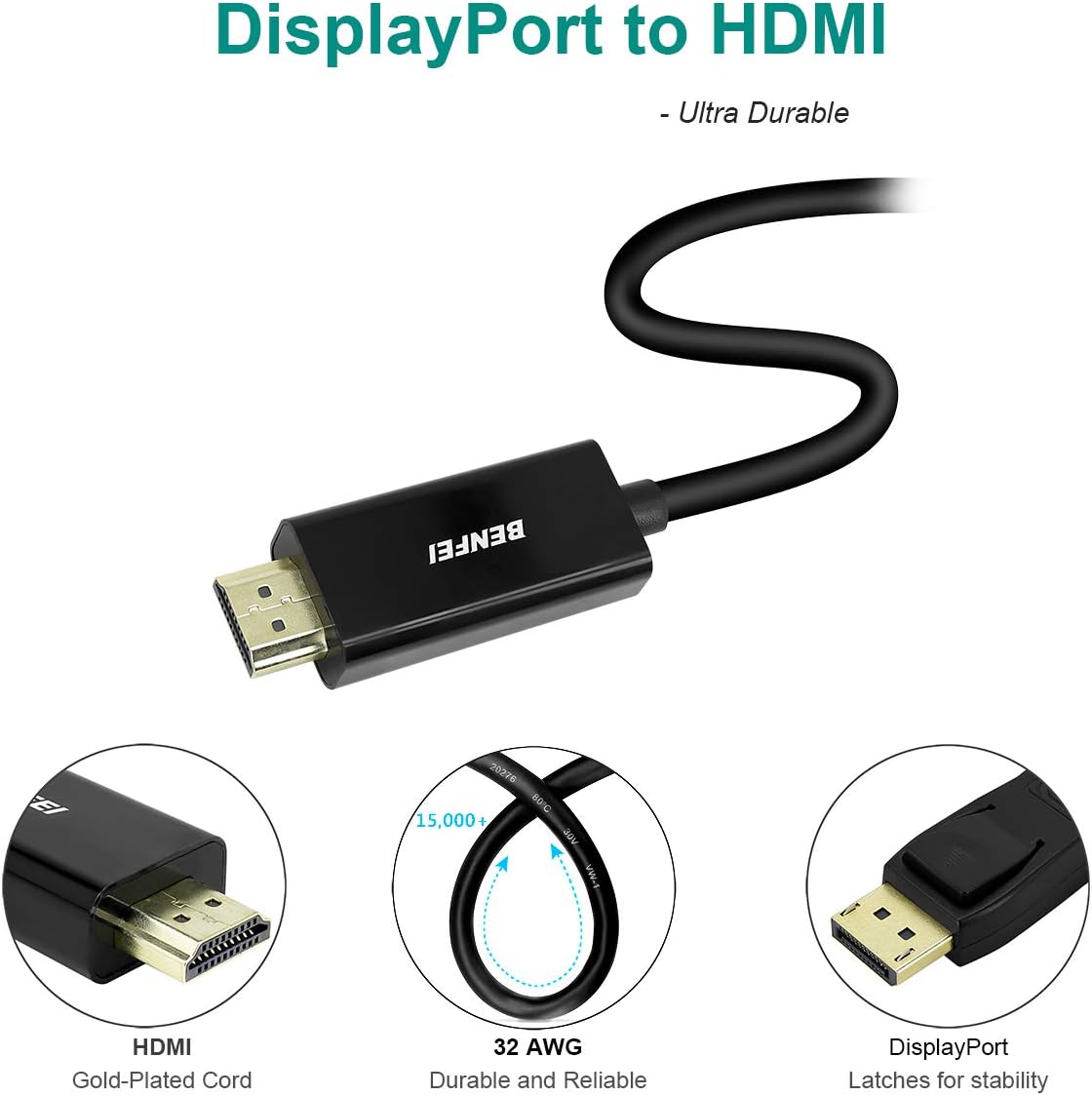 DisplayPort to HDMI 6 Feet Cable, Benfei DisplayPort to HDMI Male to Male Adapter Gold-Plated Cord for Lenovo, HP, ASUS, Dell and Other Brand: Computers & Accessories
