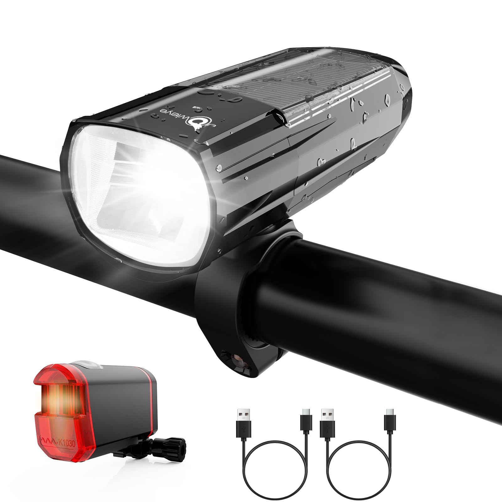 Owleye Super Bright Bike Lights Set - USB & Solar Rechargeable 2400mAh Bike Lights Front and Rear - 2 Modes Bicycle Lights Waterproof for Mountain Road Safety