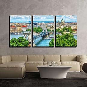 3 Piece Canvas Wall Art - Chain Bridge on Danube River in Budapest City, Hungary. Urban Landscape - Modern Home Art Stretched and Framed Ready to Hang - 16"x24"x3 Panels