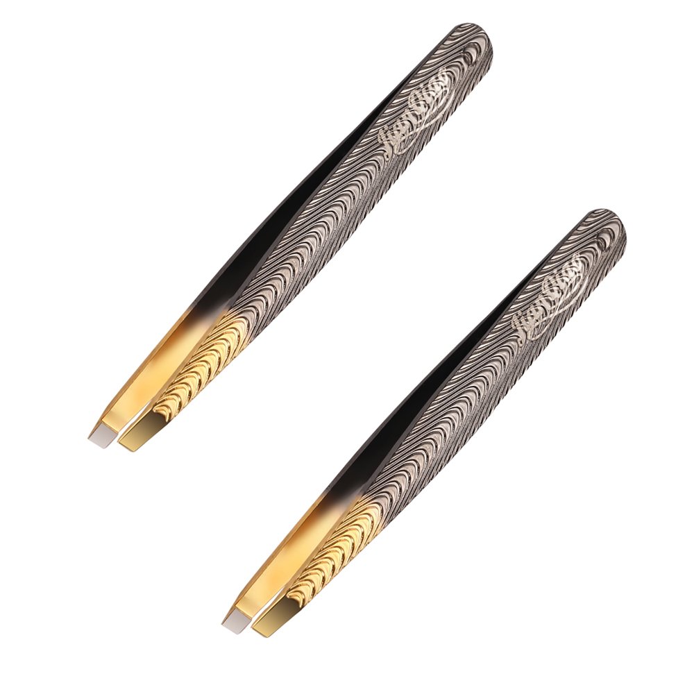 Gold Slant Tip Tweezers Set, Stainless Steel Slant Tweezers For Eyebrow Anti Static and Hair Remover Tool For Men and Women (Pack-2)