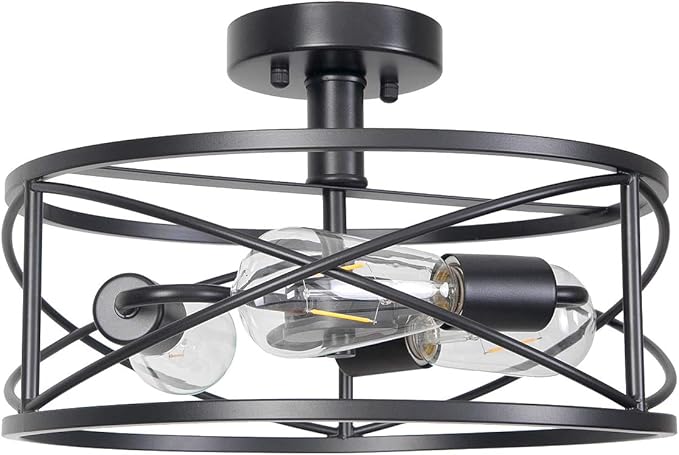 Houzlamod Matte Black Semi Flush Mount Ceiling Light 3 Light