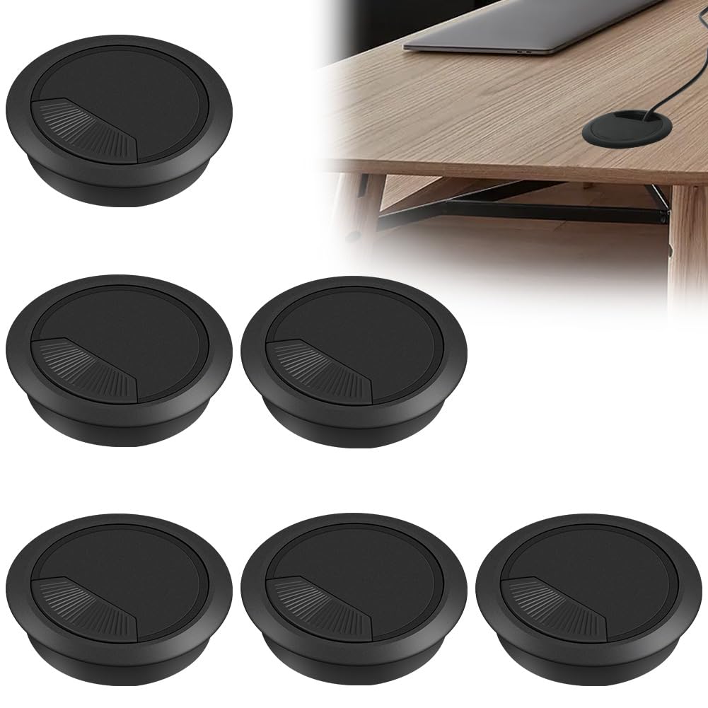 Flintronic 6PCS Desk Grommet, Ø60mm(2.4 inch) Desk Cable Grommets, Round Desk Cable Hole Cover, Computer Cord Cable Wire Grommet for Home and Office Table Management (Black)