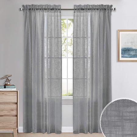 Pony Dance Décoration De Fenêtre Voilages Rideaux Voile En Lin Demi Transparent Avec Passe Tringle Draperies Souple Avec Motif De Croix Décor Pour