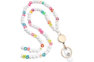 MyfavoriteK Smiley Teacher Lanyard for Women with Retractable ID Badge Reel and Keychain Cute Beaded Lanyards For Keys