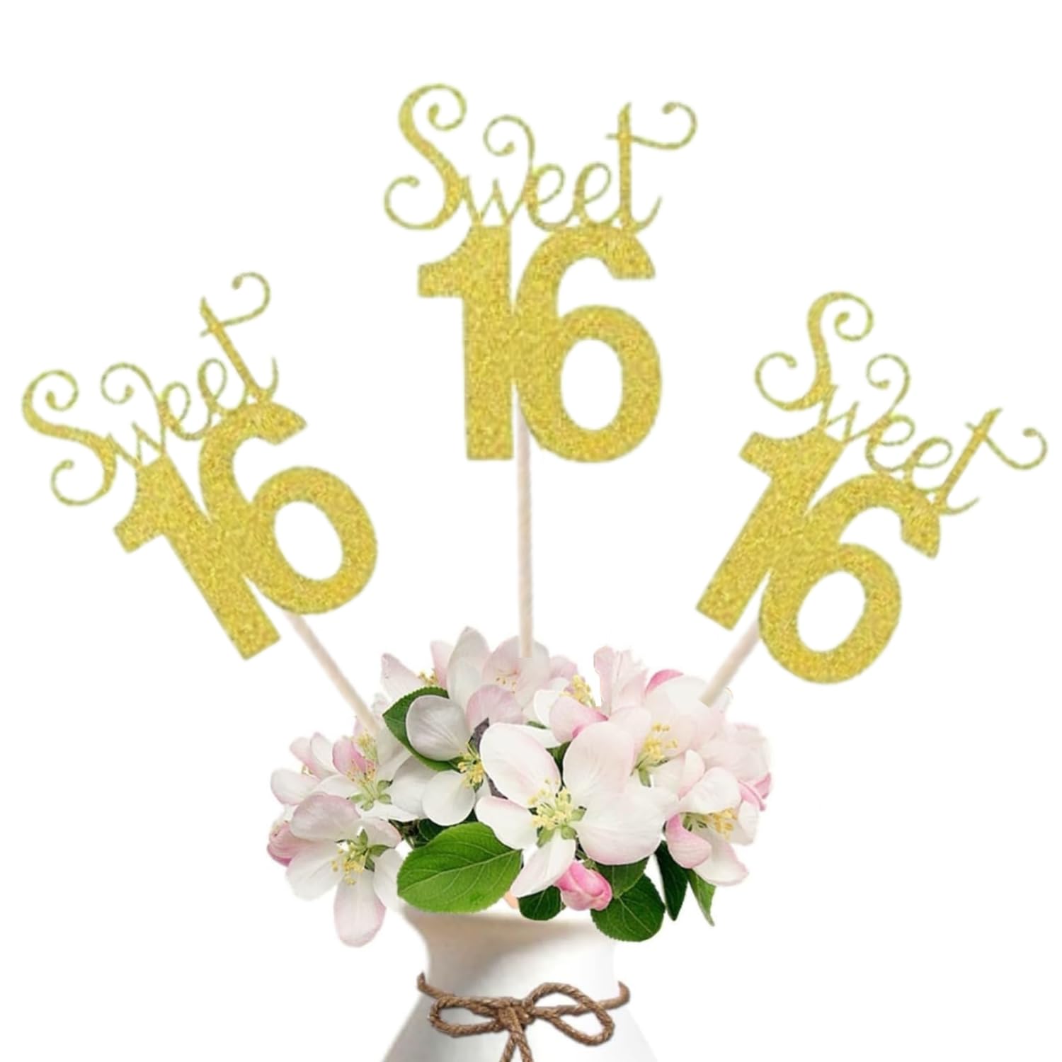 Photo 1 of 10-Pack Glitter Gold Double Sided Sweet 16 Birthday Anniversary Centerpiece Sticks, Number 16 Table Cake Topper for Sweet 16 Birthday Table Party Decorations (Gold)