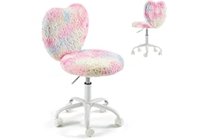 HOMREST Kids Desk Chair with Wheels, Cute Fluffy Desk Chair for Girls with Heart-Shaped Back, Adjustable Seat Height, Suitable for Bedroom & Reading Room, Colorful