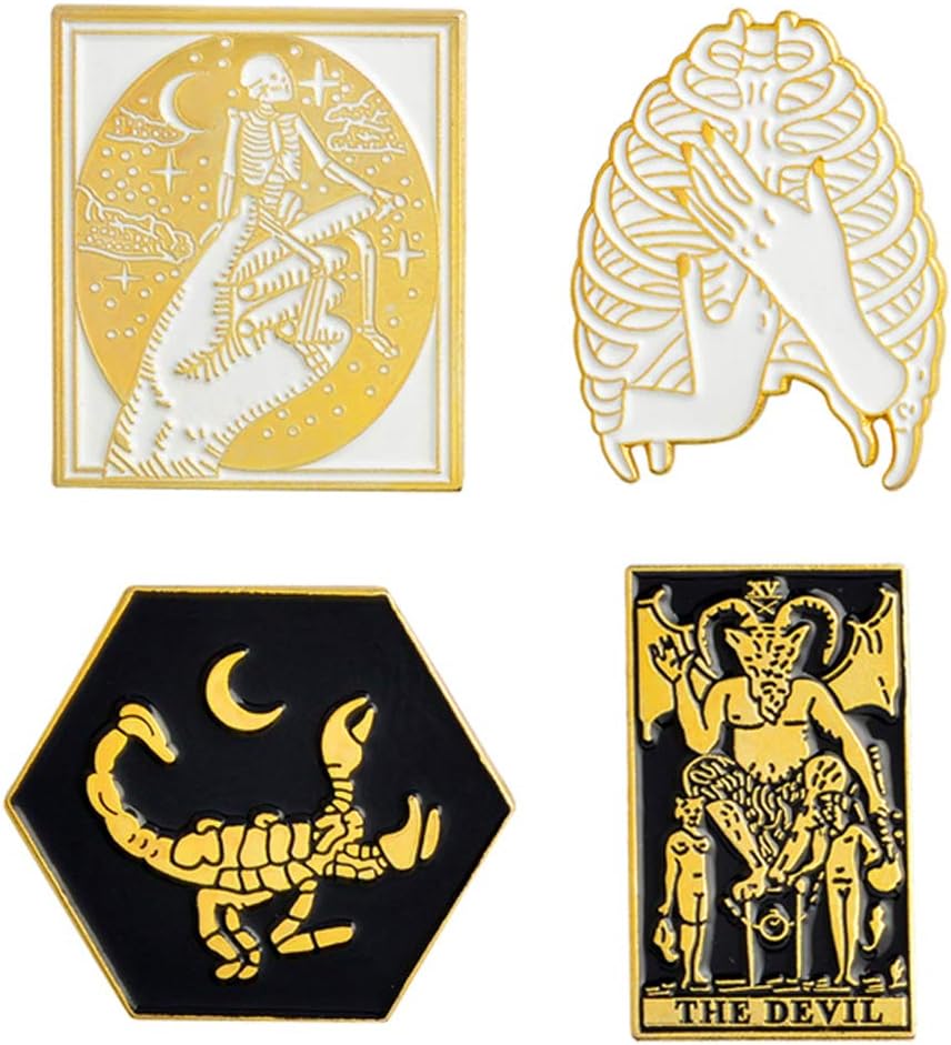 4Pcs Enamel Collar Pins Set Badges Cartoon Scorpion Coffin Skull Goat Brooches