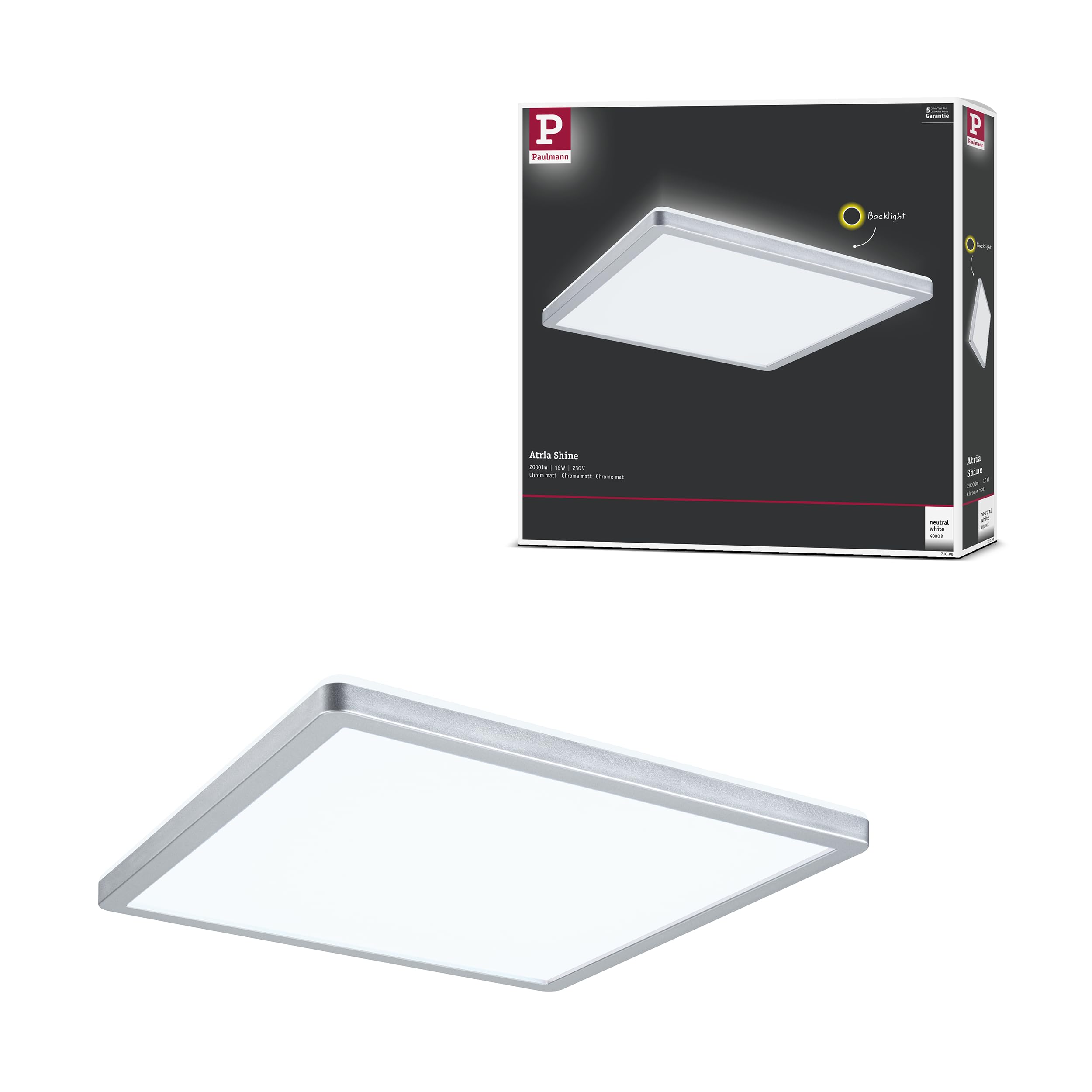 Paulmann Atria Shine 71008 LED Panel 293 x 293 mm Square Including 1 x 16 W Daylight White Matt Chrome Light Panel Plastic Ceiling Panel 4000 K