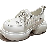 Chic Platform Loafers for Women with Pearl Rhinestone Embellishments Lace-up Chunky Sole Rounded-Toe Patent Leather Dress Shoes, Spring