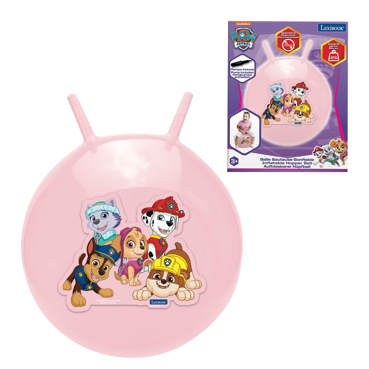 LEXIBOOK, Paw Patrol, Inflatable Hopper Ball, Chase, Marshall, Skye, Rubble, Everest, Manual pump included, Secure and durable plastics, Pink, BG040PAG — image 1