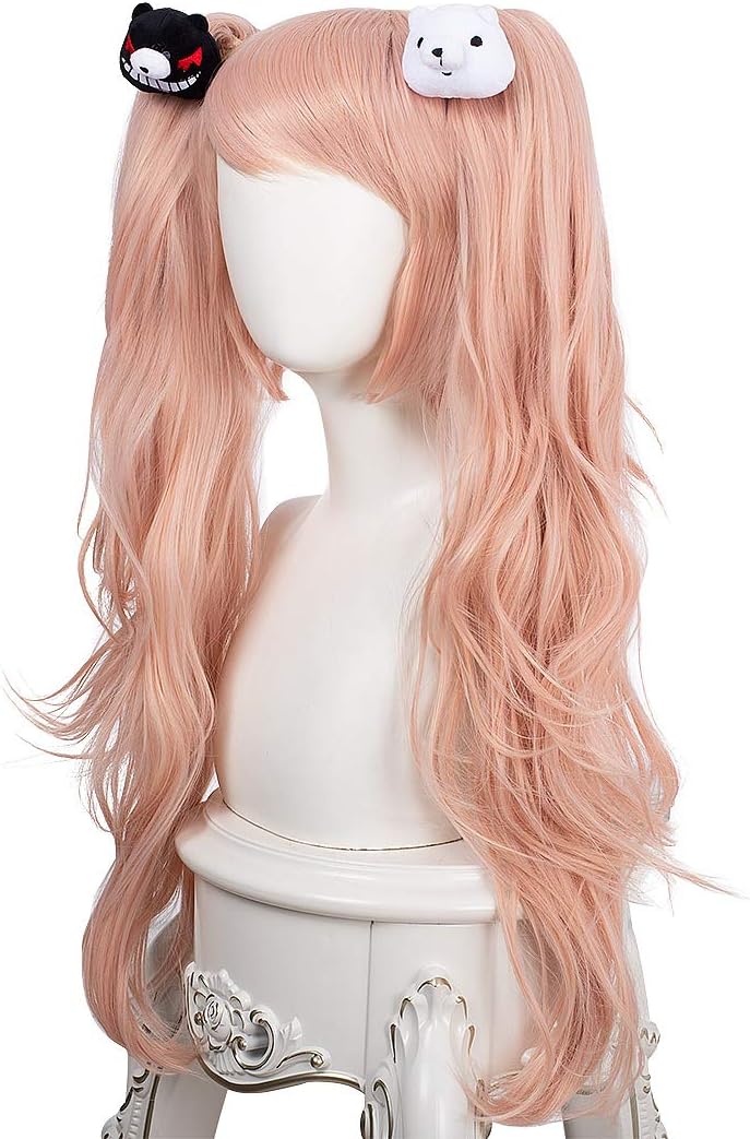 Topcosplay Long Curly Pink Wig with Pigtails and Bear Hair Clips for Halloween Fancy Dress Party, Junko Enoshima - Image 5