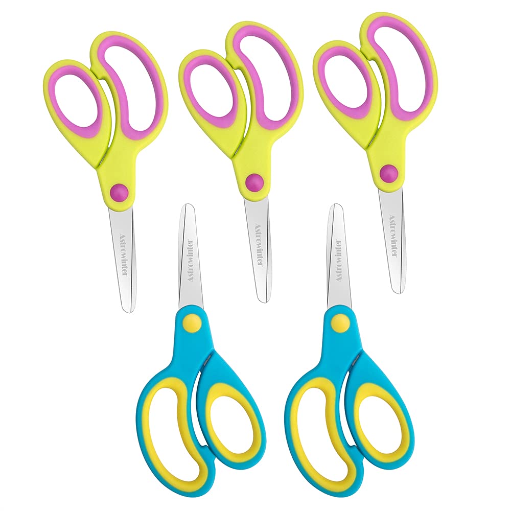 Left-Handed Kids Scissors by Astrowinter (Pack of 5, Rounded-tip, 13.2 cm) - 5.2'' Lefty Soft Touch Blunt School Student Scissors Shears AW-004-A2