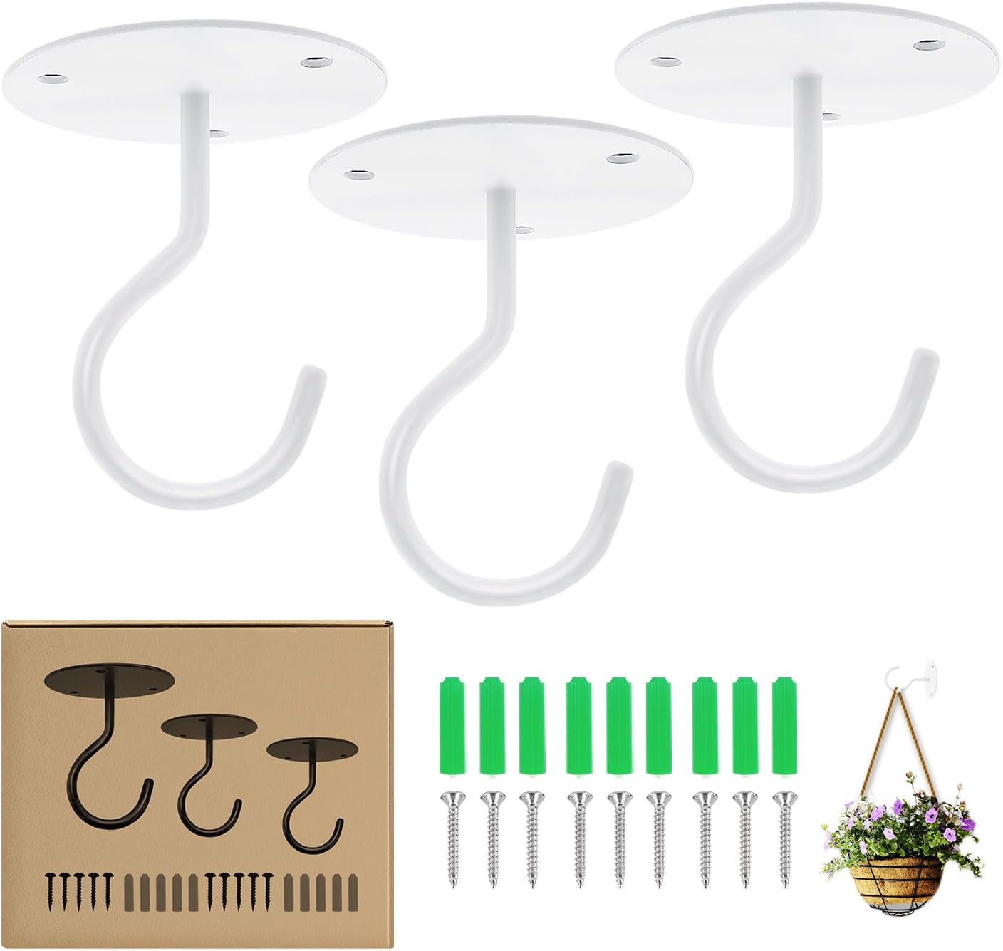 Outdoor Hanging Brackets - Ticway Ceiling Hooks for Hanging Plants, Metal Plant Hooks Wall Mount Hangers for Hanging Plants, Bird Feeders, Wind Chimes, Lanterns, Planters - Outdoor Decoration Hooks (3 Pack) (White)