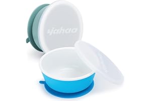 yahaa Set of 2 Baby Bowls with Suction for Feeding Essentials, Silicone Toddler Bowls with Lids, Leak Proof, Round, Bright Blue, Sage