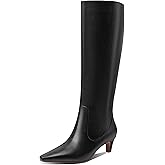 Women's Fashion Square Toe Matte Leather Solid Color Wide Calf Comfortable Slip On Low Kitten Heel Dress Knee High Boots Black Size 6
