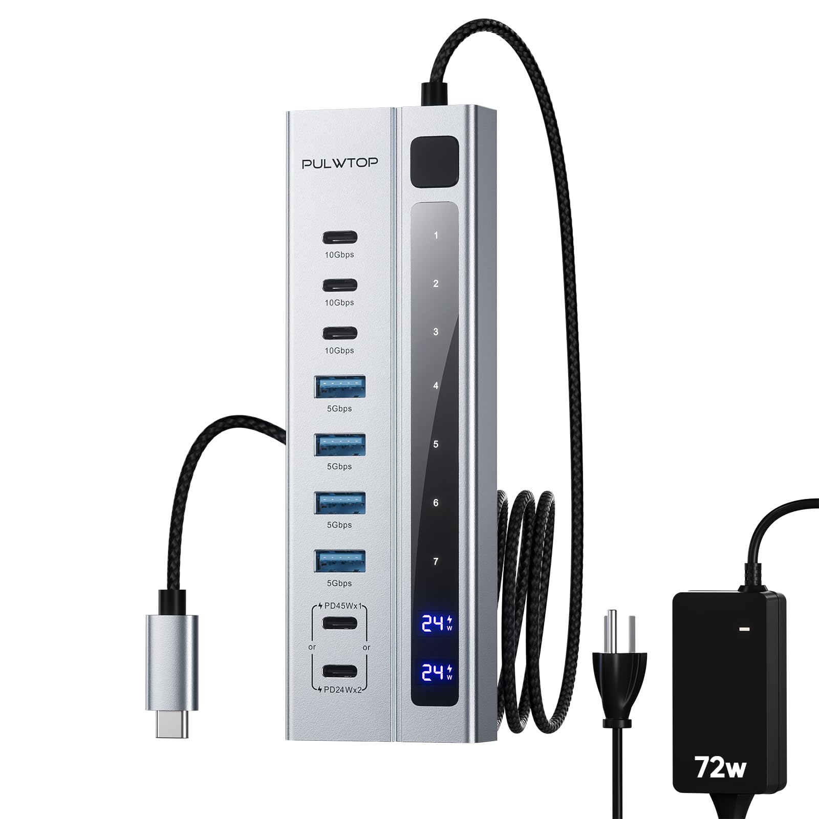 Photo 1 of Powered USB C Hub, PULWTOP 9-in-1 USB-C Hub suppprt 10Gbps & PD 45W Max Charging(Not Support Video), USB C Spliter with 3 USB C, 4 USB A for Laptop, MacBook, iPad and More (72W Adapter Included)
