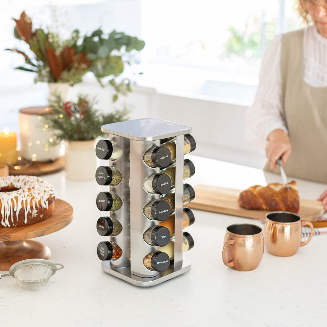 Orii 20 Jar Spice Rack with Spices Included - Revolving Tower Organizer for Kitchen Spices and Seasonings, (Stainless Steel)