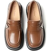 BEAU TODAY Womens Chunky Loafers, Comfortable Slip-on Genuine Leather Business Casual Chunky Heel Round Toe Dress Shoes Brown US 8.5