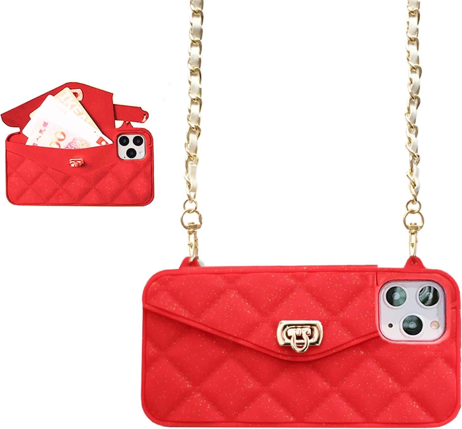 Photo 1 of UnnFiko Wallet Phone Case Compatible with iPhone 16 Pro Max, Cute Light Luxury Bag Design, Purse Flip Card Pouch Cover Soft Silicone Case with Handstrap Long Shoulder Strap (Red, iPhone 16 Pro Max)