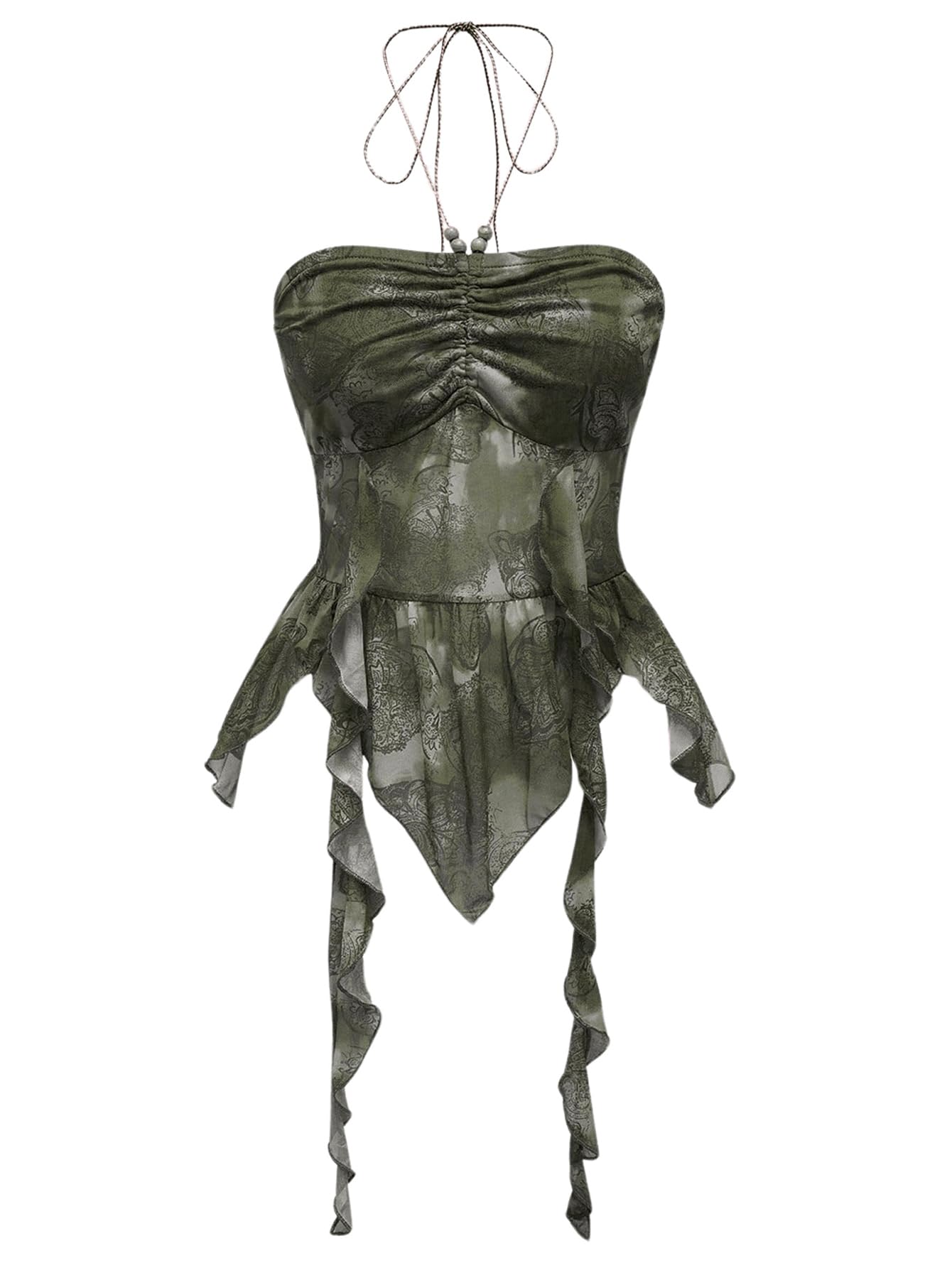 Photo 1 of GORGLITTER Women's Halter Crop Y2k Tube Tops Asymmetrical Ruffle Hem Backless Cami?Runs Small, Please Size Up? Green X-Small